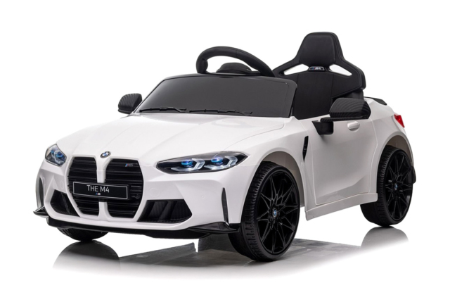 Hvid BMW M4 Competition elbil ti l børn med lædersæde, 2x12V motorer, EVA-gummihjul og musikanlæg.