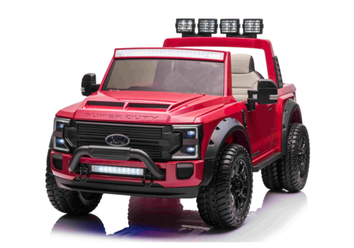 Rød Ford Duty F450 elbil til børn med 4x24V motorer, lithium batteriboks, PU sæder, musikanlæg og EVA-gummihjul.