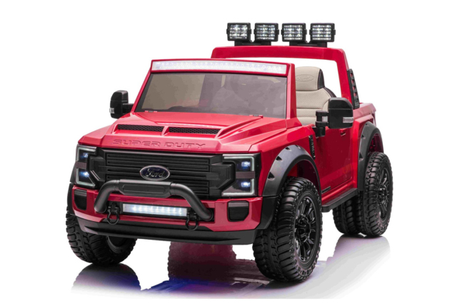 Rød Ford Duty F450 elbil til børn med 4x24V motorer, lithium batteriboks, PU sæder, musikanlæg og EVA-gummihjul.