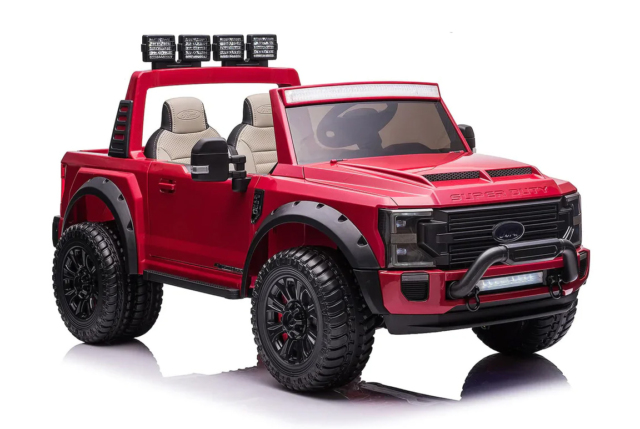 Rød Ford Duty F450 elbil til børn med 4x24V motorer, lithium batteriboks, PU sæder, musikanlæg og EVA-gummihjul.