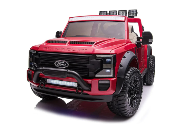 Rød Ford Duty F450 elbil til børn med 4x24V motorer, lithium batteriboks, PU sæder, musikanlæg og EVA-gummihjul.
