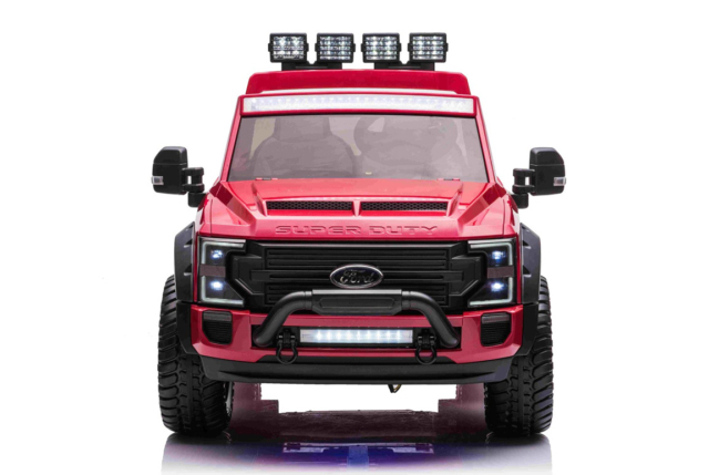 Rød Ford Duty F450 elbil til børn med 4x24V motorer, lithium batteriboks, PU sæder, musikanlæg og EVA-gummihjul.