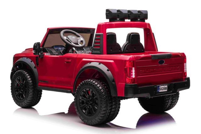 Rød Ford Duty F450 elbil til børn med 4x24V motorer, lithium batteriboks, PU sæder, musikanlæg og EVA-gummihjul.