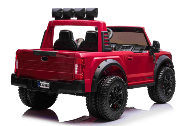 Rød Ford Duty F450 elbil til børn med 4x24V motorer, lithium batteriboks, PU sæder, musikanlæg og EVA-gummihjul.