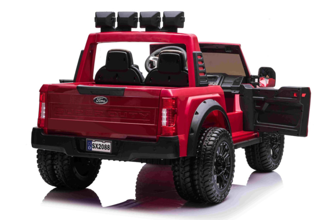 Rød Ford Duty F450 elbil til børn med 4x24V motorer, lithium batteriboks, PU sæder, musikanlæg og EVA-gummihjul.