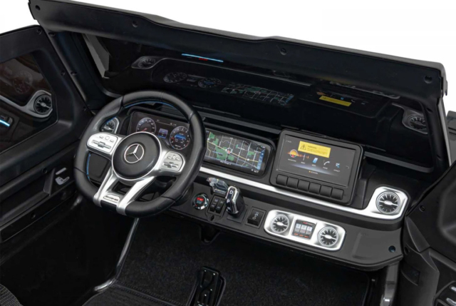 Stor og eksklusiv sort Mercedes G63 AMG XXL elbil til børn med 4x24V, lædersæde, gummihjul og musikanlæg