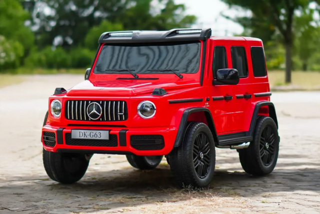 Stor og eksklusiv rød Mercedes G63 AMG XXL elbil til børn med 4x24V, lædersæde, EVA-gummihjul og musikanlæg