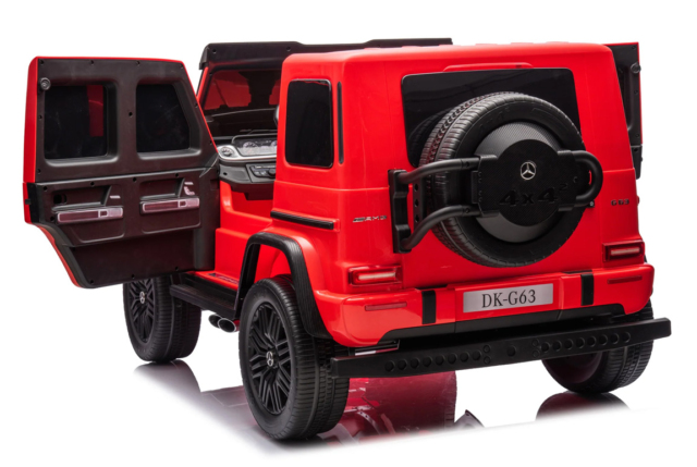 Stor og eksklusiv rød Mercedes G63 AMG XXL elbil til børn med 4x24V, lædersæde, EVA-gummihjul og musikanlæg