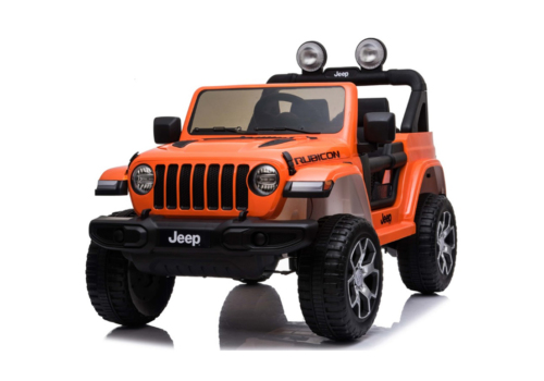 Orange Jeep Wrangler Rubicon elbil til børn med 4x4 motorer, lithium batteri, affjedring, lædersæde, musikanlæg og meget mere.