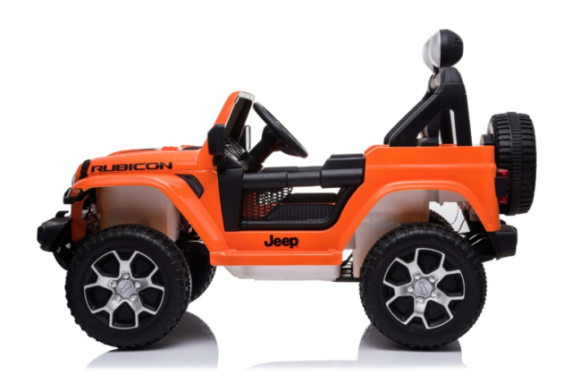 Orange Jeep Wrangler Rubicon elbil til børn med 4x4 motorer, lithium batteri, affjedring, lædersæde, musikanlæg og meget mere.