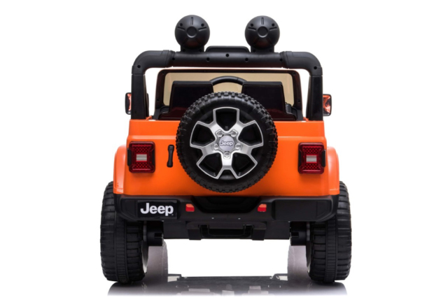 Orange Jeep Wrangler Rubicon elbil til børn med 4x4 motorer, lithium batteri, affjedring, lædersæde, musikanlæg og meget mere.