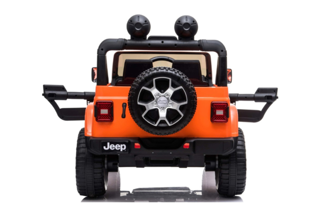 Orange Jeep Wrangler Rubicon elbil til børn med 4x4 motorer, lithium batteri, affjedring, lædersæde, musikanlæg og meget mere.
