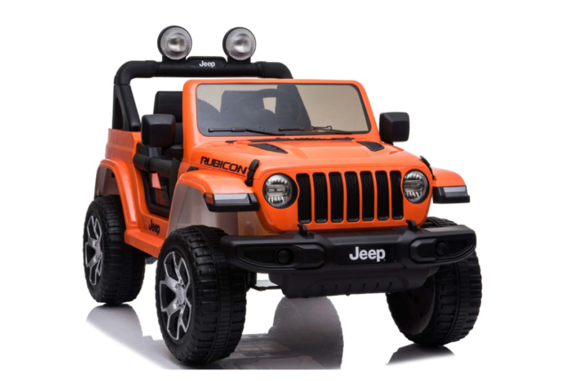 Orange Jeep Wrangler Rubicon elbil til børn med 4x4 motorer, lithium batteri, affjedring, lædersæde, musikanlæg og meget mere.