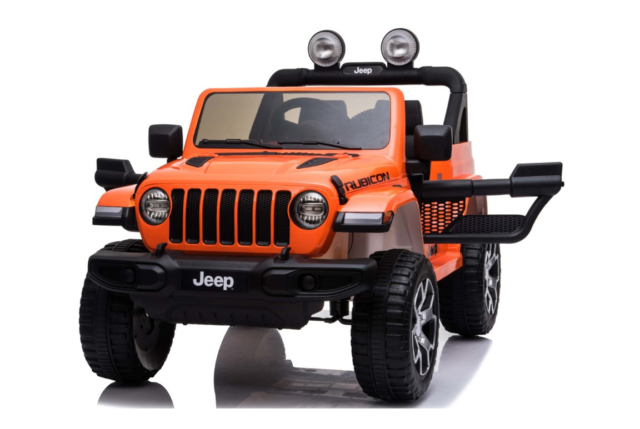 Orange Jeep Wrangler Rubicon elbil til børn med 4x4 motorer, lithium batteri, affjedring, lædersæde, musikanlæg og meget mere.