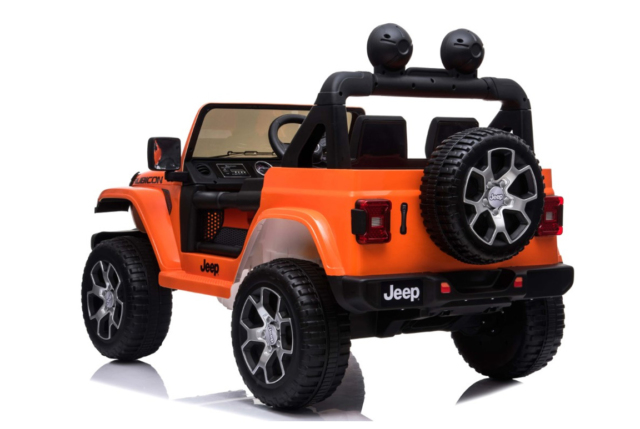 Orange Jeep Wrangler Rubicon elbil til børn med 4x4 motorer, lithium batteri, affjedring, lædersæde, musikanlæg og meget mere.