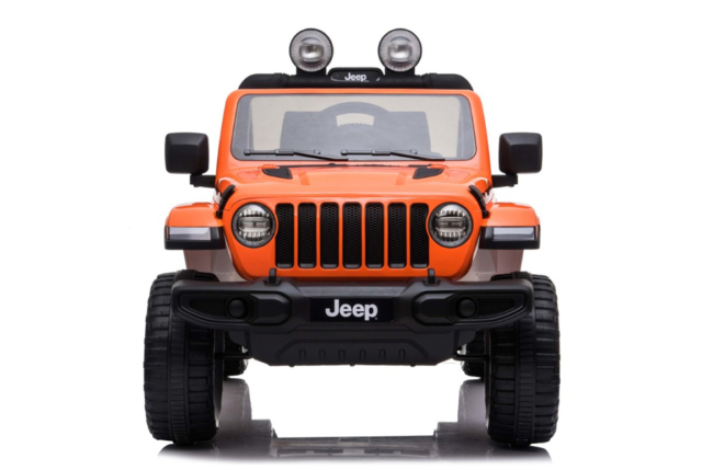 Orange Jeep Wrangler Rubicon elbil til børn med 4x4 motorer, lithium batteri, affjedring, lædersæde, musikanlæg og meget mere.