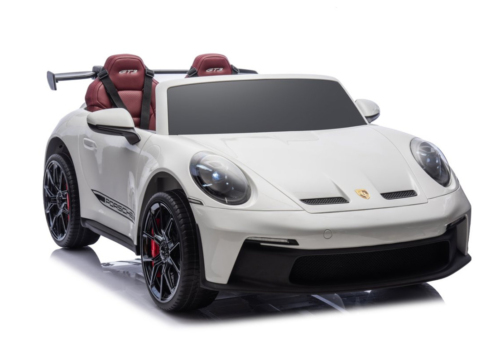 Hvid Porsche 911 GT3 elbil til børn med plads til 2 børn, 4x24V 200W motorer, fuld LED-lyspakke, vinrøde lædersæder, affjedring og meget mere.