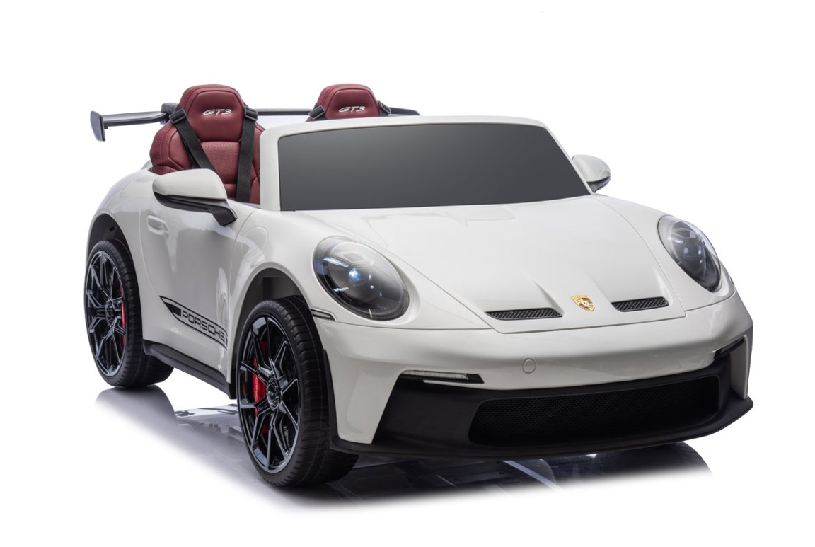 Hvid Porsche 911 GT3 elbil til børn med plads til 2 børn, 4x24V 200W motorer, fuld LED-lyspakke, vinrøde lædersæder, affjedring og meget mere.