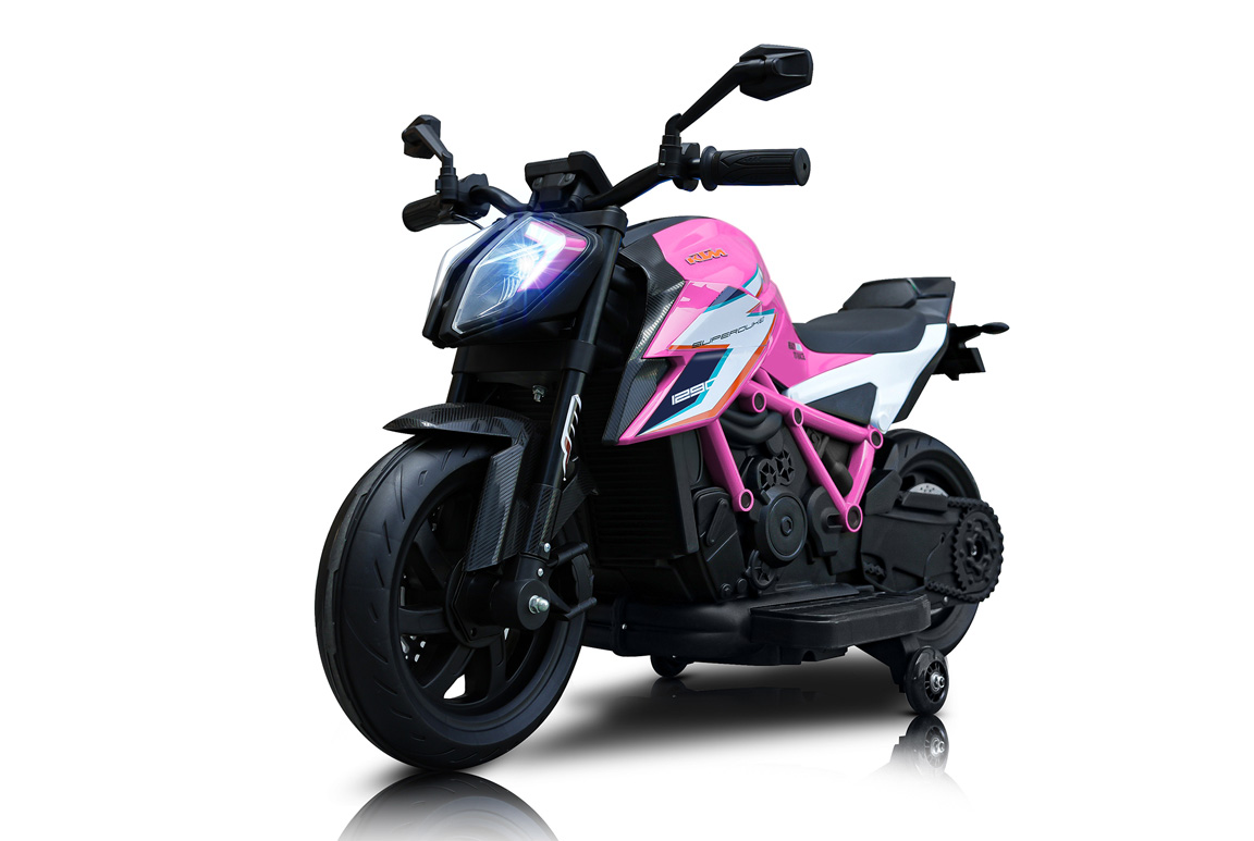 Pink KTM 1290 Super Duke RR motorcykel til børn med 2x12V motorer og lithium batteri.