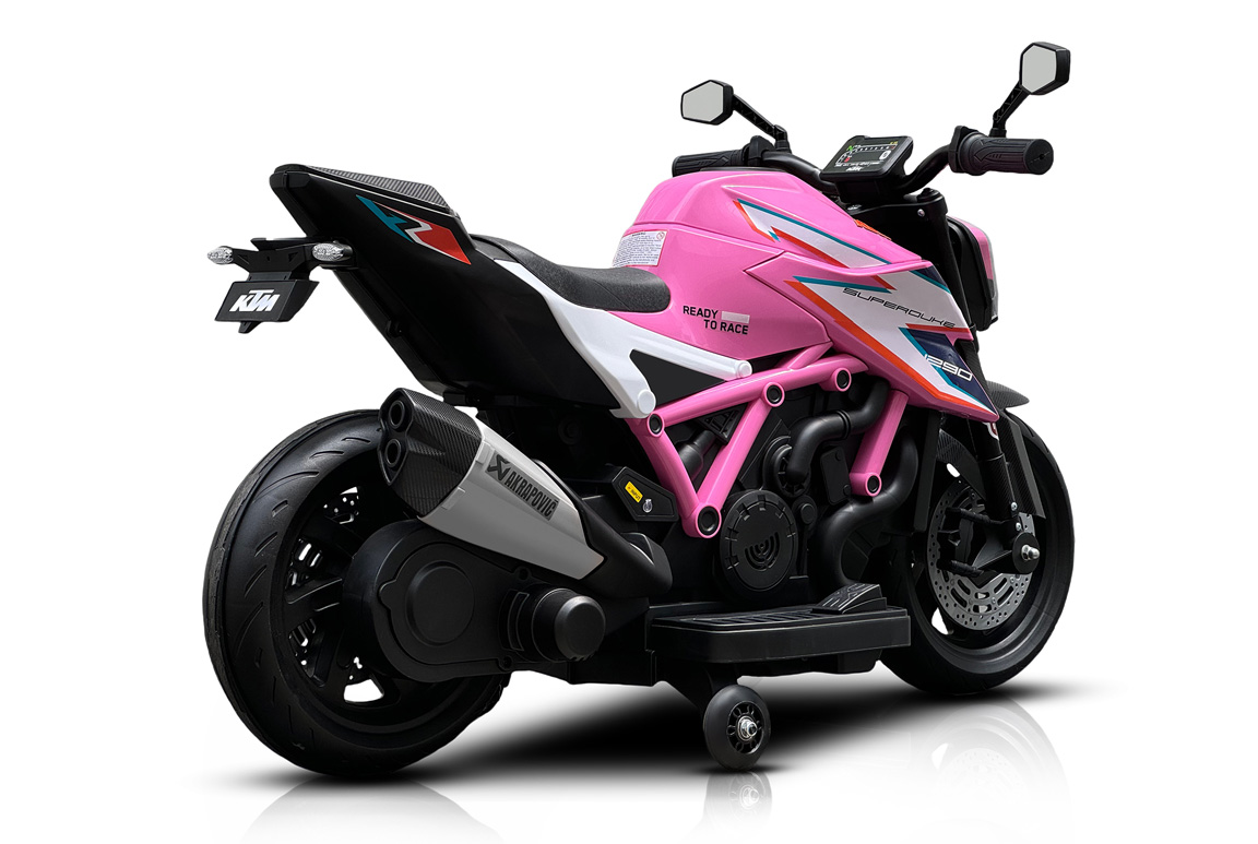 Pink KTM 1290 Super Duke RR motorcykel til børn med 2x12V motorer og lithium batteri.