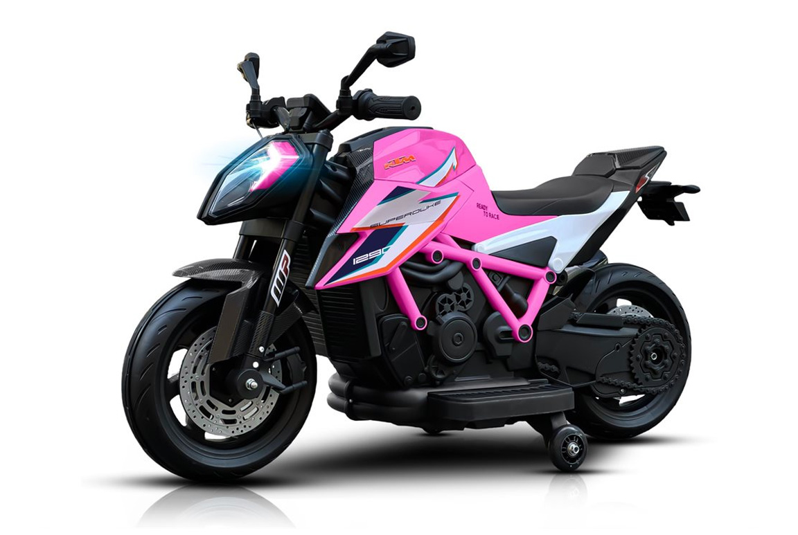 Pink KTM 1290 Super Duke RR motorcykel til børn med 2x12V motorer og lithium batteri.