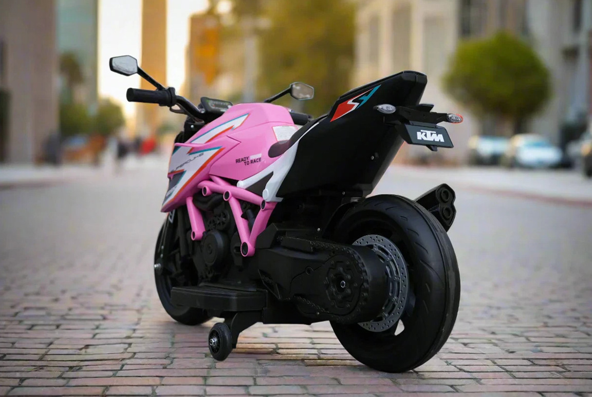 Pink KTM 1290 Super Duke RR motorcykel til børn med 2x12V motorer og lithium batteri.