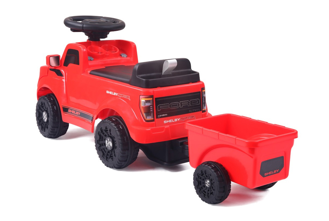 Rød Ford Shelby F150 Raptor gåbil til børn – med værktøjssæt og trailer