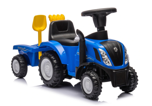 Blå New Holland gå-traktor til børn med trailer, lyd, og værktøj. Passer til børn fra 1-3 år.