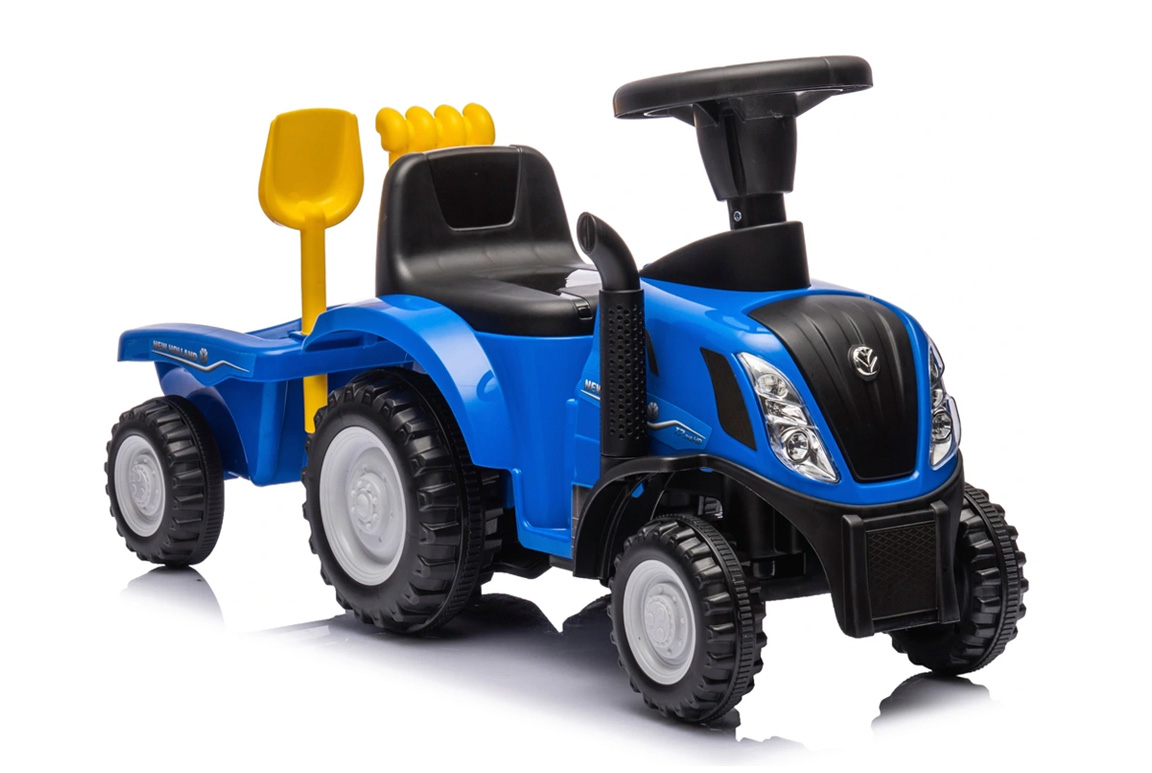 Blå New Holland gå-traktor til børn med trailer, lyd, og værktøj. Passer til børn fra 1-3 år.