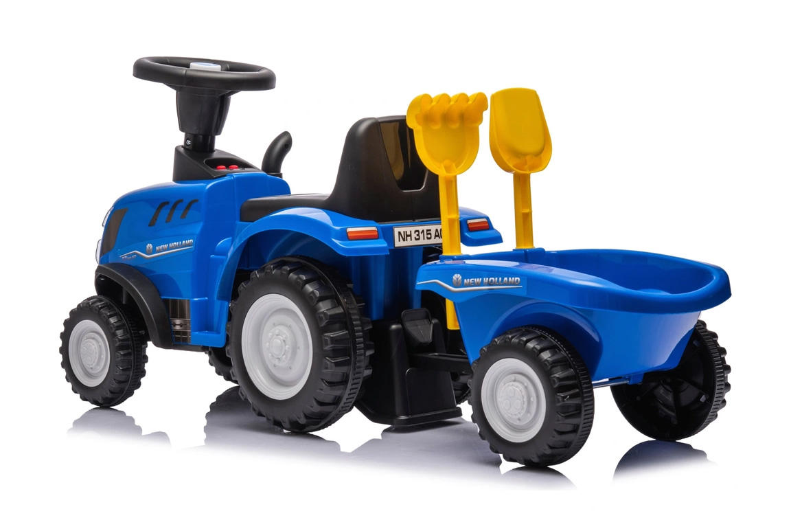 Blå New Holland gå-traktor til børn med trailer, lyd, og værktøj. Passer til børn fra 1-3 år.