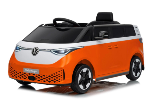 Elektrisk orange Volkswagen VW ID. Buzz elbil til børn med 2x12V motorer, lædersæde og LED-lys og musikanlæg
