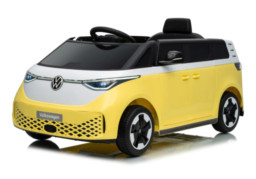Elektrisk gul Volkswagen VW ID. Buzz elbil til børn med 2x12V motorer, lædersæde og LED-lys og musikanlæg
