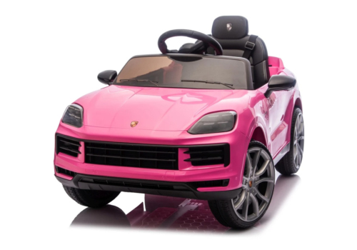 Pink Porsche Cayenne elbil til børn, 2x12V Lithium med lædersæde, EVA-gummihjul, LED-lys og musikanlæg.