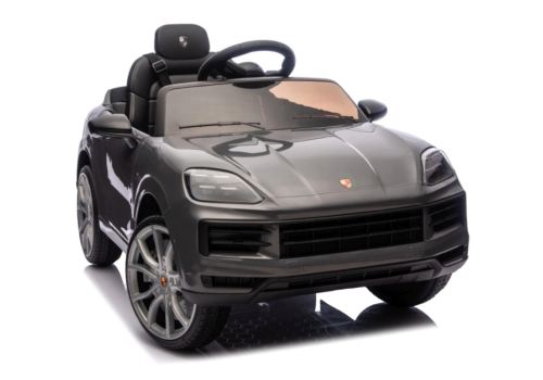 Sort Porsche Cayenne elbil til børn, 2x12V Lithium med lædersæde, EVA-gummihjul, LED-lys og musikanlæg.