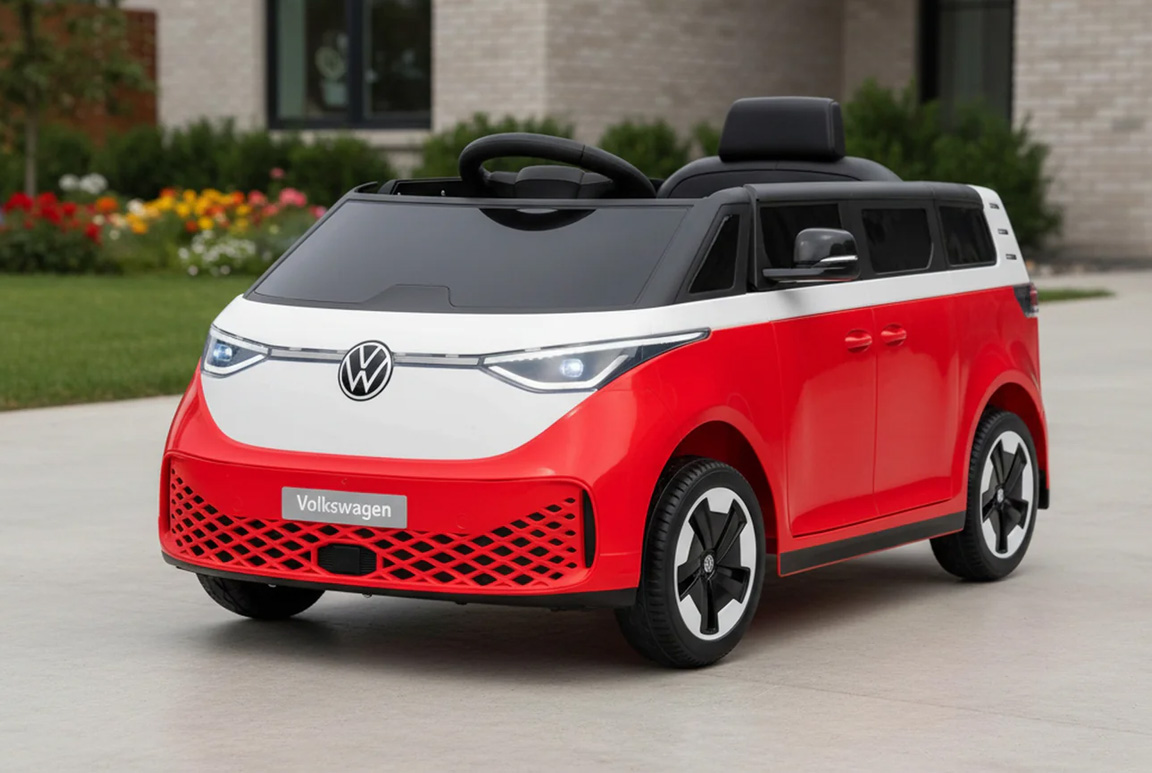 Elektrisk rød Volkswagen VW ID. Buzz elbil til børn med 2x12V motorer, lædersæde og LED-lys og musikanlæg