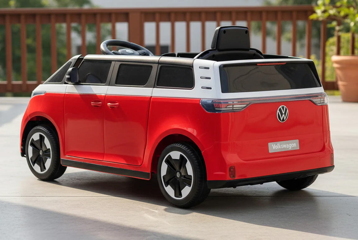 Elektrisk rød Volkswagen VW ID. Buzz elbil til børn med 2x12V motorer, lædersæde og LED-lys og musikanlæg