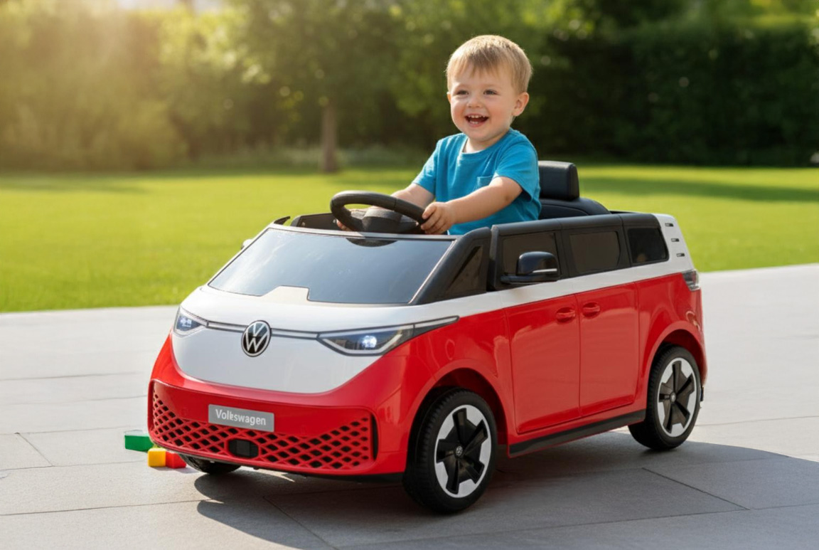 Elektrisk rød Volkswagen VW ID. Buzz elbil til børn med 2x12V motorer, lædersæde og LED-lys og musikanlæg