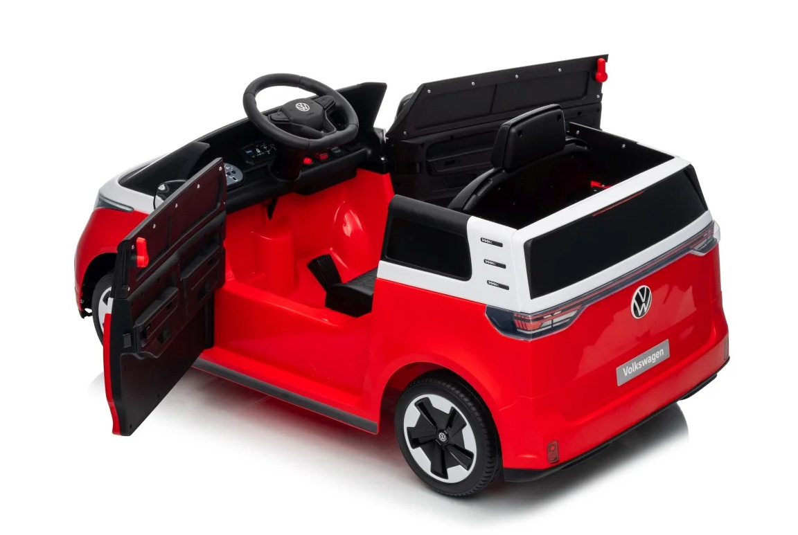 Elektrisk rød Volkswagen VW ID. Buzz elbil til børn med 2x12V motorer, lædersæde og LED-lys og musikanlæg