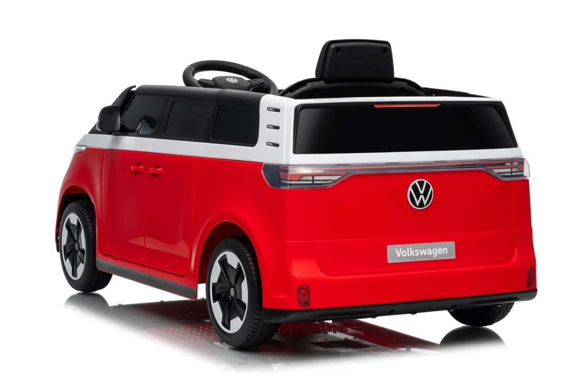 Elektrisk rød Volkswagen VW ID. Buzz elbil til børn med 2x12V motorer, lædersæde og LED-lys og musikanlæg