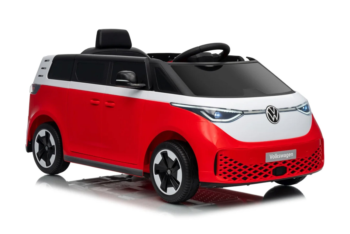 Elektrisk rød Volkswagen VW ID. Buzz elbil til børn med 2x12V motorer, lædersæde og LED-lys og musikanlæg
