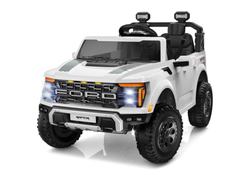 Hvid Ford F-150 Raptor Pickup til børn, 2x45W motorer med lithium og lædersæder,
