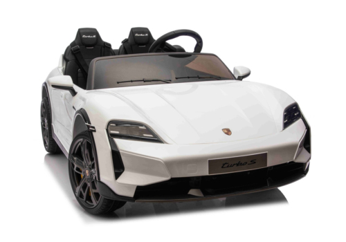 Hvid Porsche Taycan Turbo S elbil til børn, 2x24V, lædersæder og Lithium-Ion batteri. Plads til 2 børn.