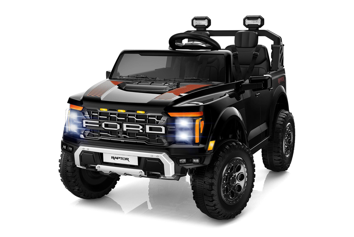 Sort Ford F-150 Raptor Pickup til børn, 2x45W motorer med lithium og lædersæder,
