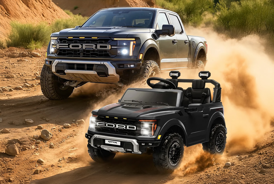 Sort Ford F-150 Raptor Pickup til børn, 2x45W motorer med lithium og lædersæder,