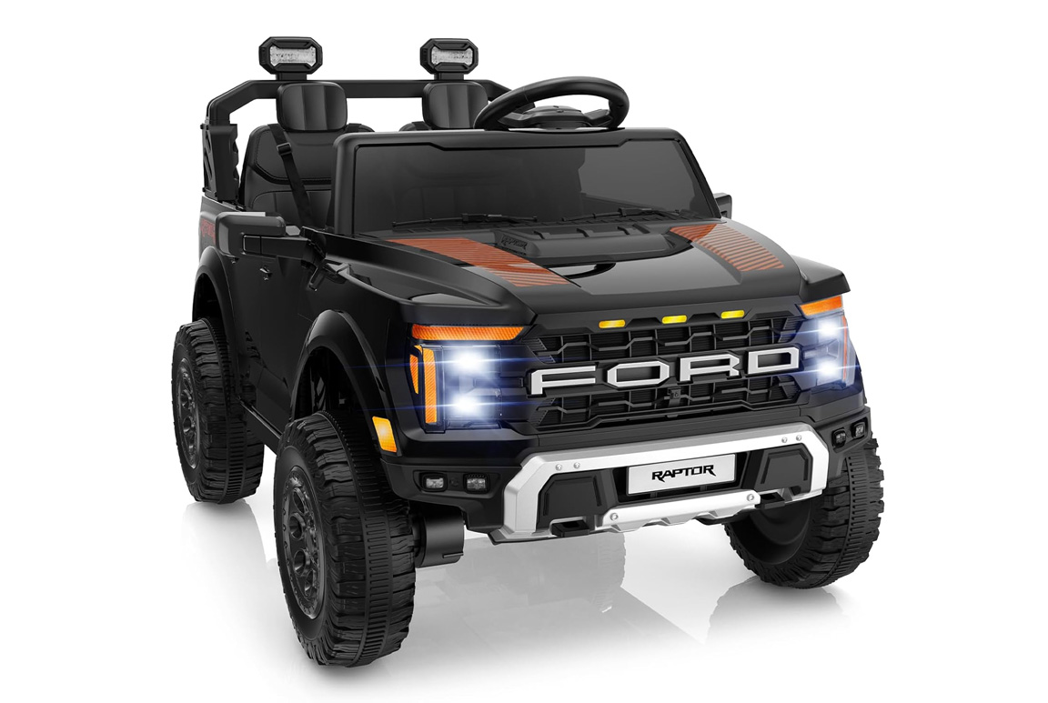 Sort Ford F-150 Raptor Pickup til børn, 2x45W motorer med lithium og lædersæder,