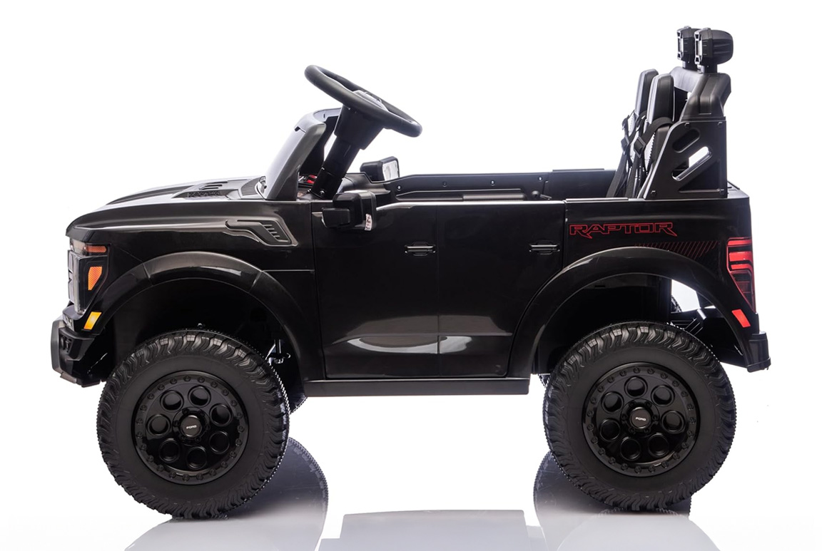 Sort Ford F-150 Raptor Pickup til børn, 2x45W motorer med lithium og lædersæder,
