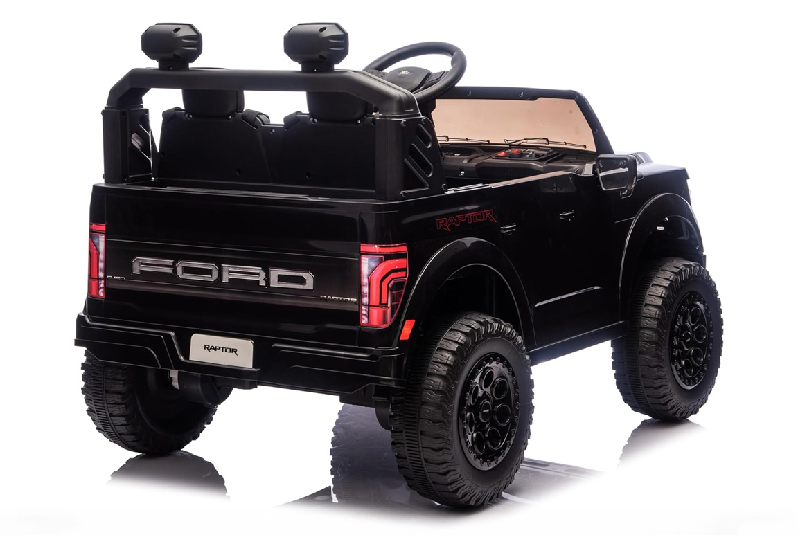 Sort Ford F-150 Raptor Pickup til børn, 2x45W motorer med lithium og lædersæder,