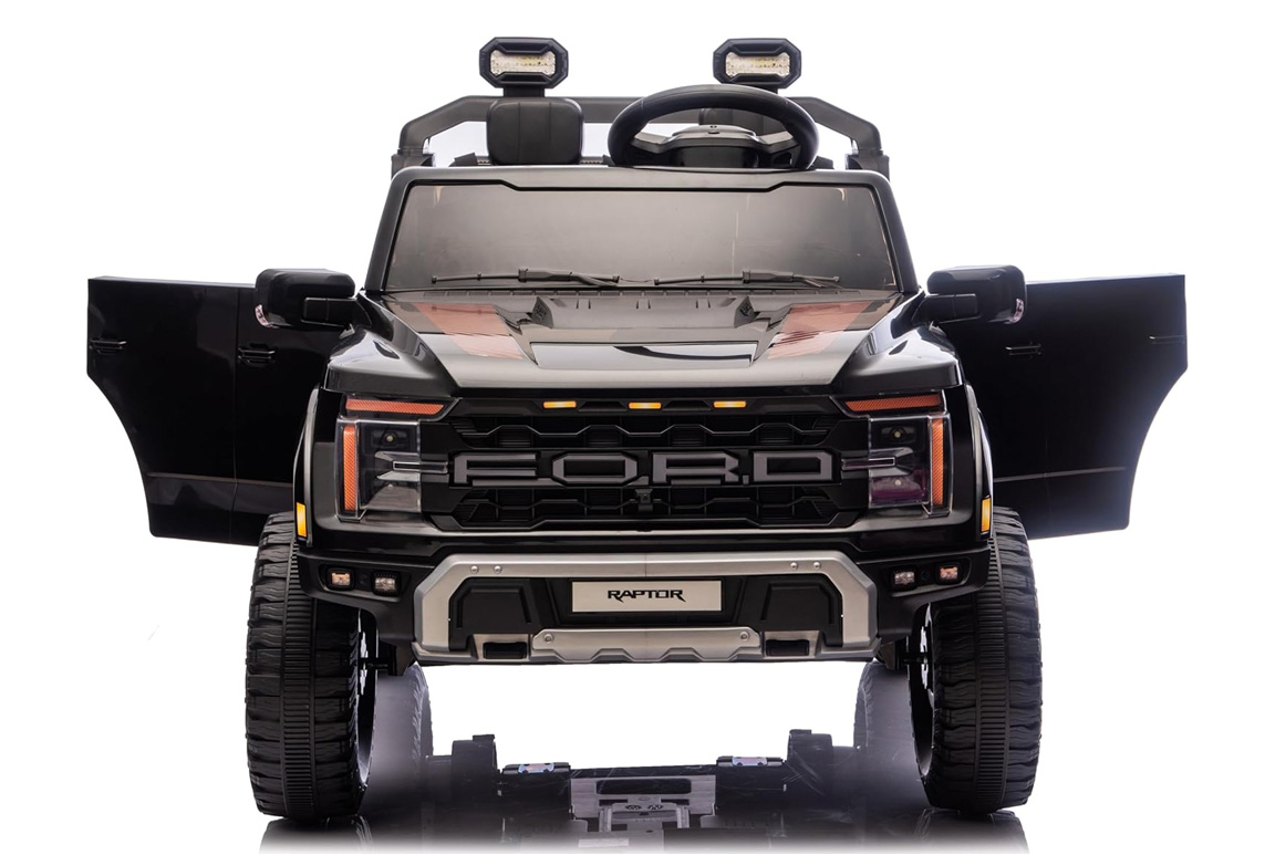 Sort Ford F-150 Raptor Pickup til børn, 2x45W motorer med lithium og lædersæder,