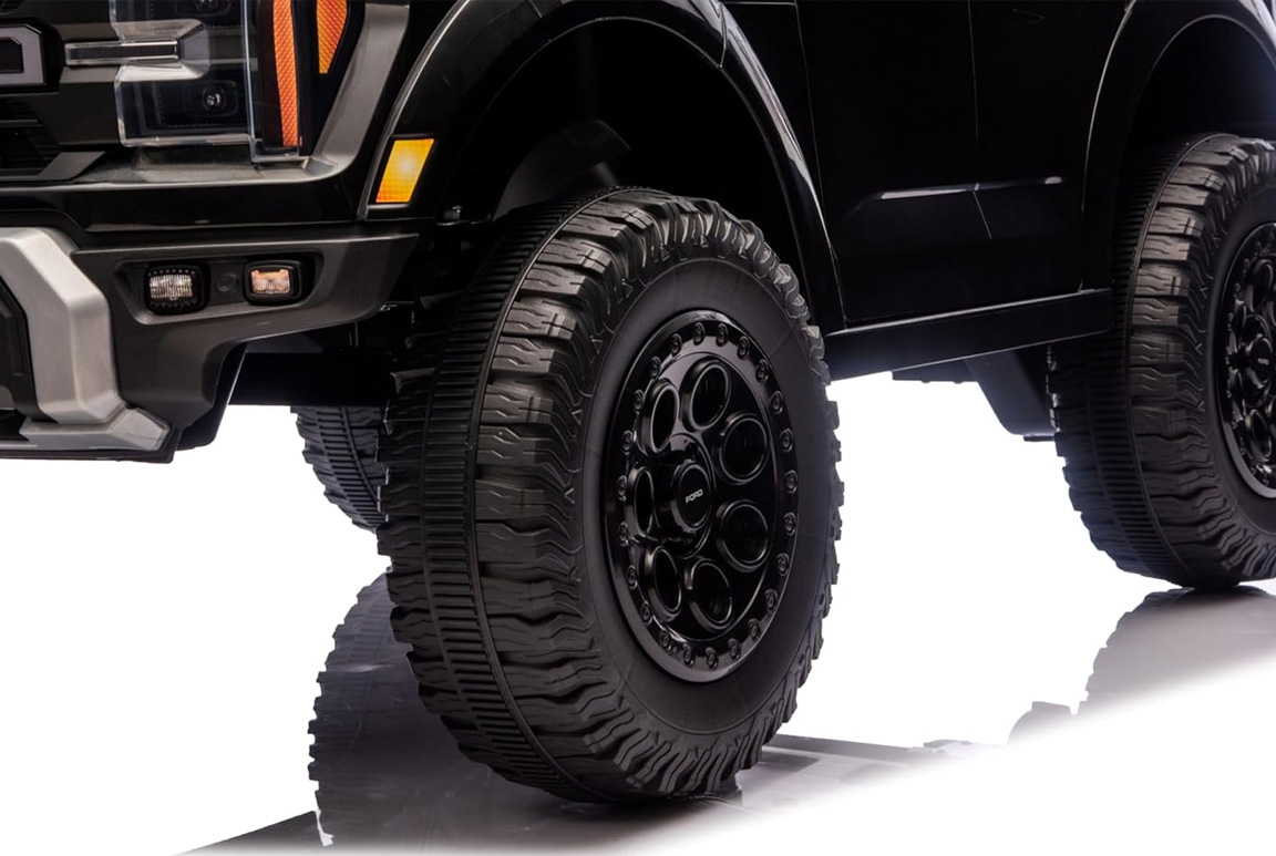 Sort Ford F-150 Raptor Pickup til børn, 2x45W motorer med lithium og lædersæder,