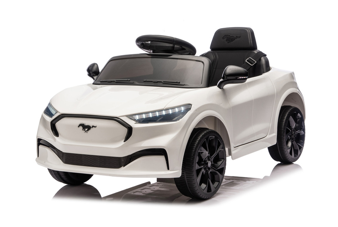 Hvid Ford Mustang Mach-E til børn, 2x24V motorer og lædersæde.